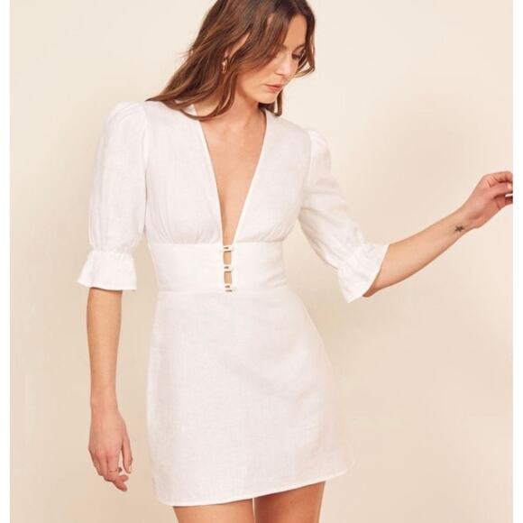 Reformation | Women | Simi White Linen Chic Romantic Ruffle Mini Dress | Sz 8 - Picture 16 of 16